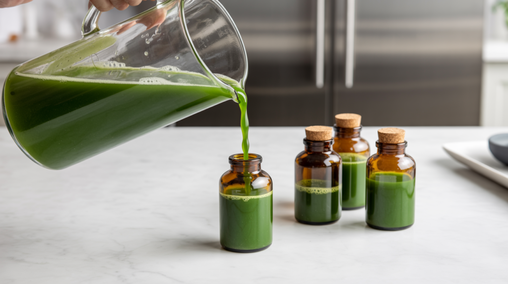 Batch preparing and storing Breakfast Drink Shots in small, airtight dark glass bottles for maximum freshness and nutrient retention.