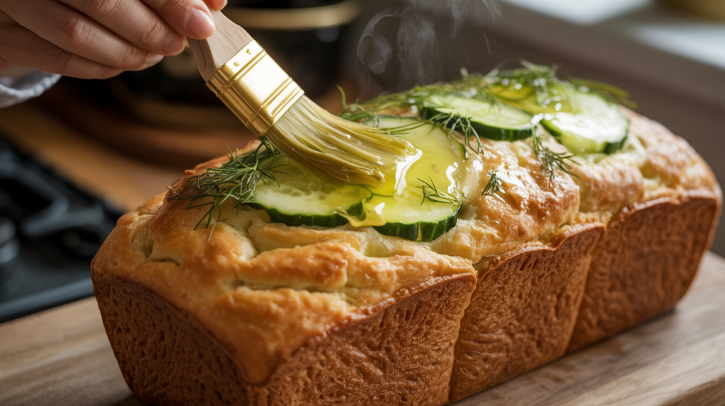 Brushing the hot loaf top with melted butter and dill for an extra flavorful crust.