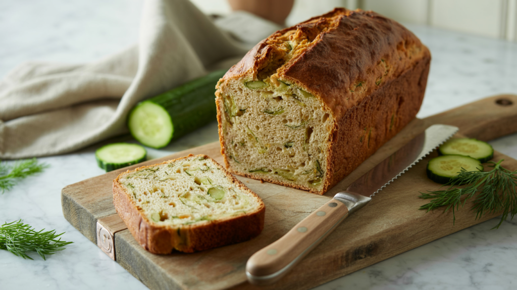 Savory Cucumber Bread loaf, conveying a unique and sophisticated alternative to traditional quick bread.