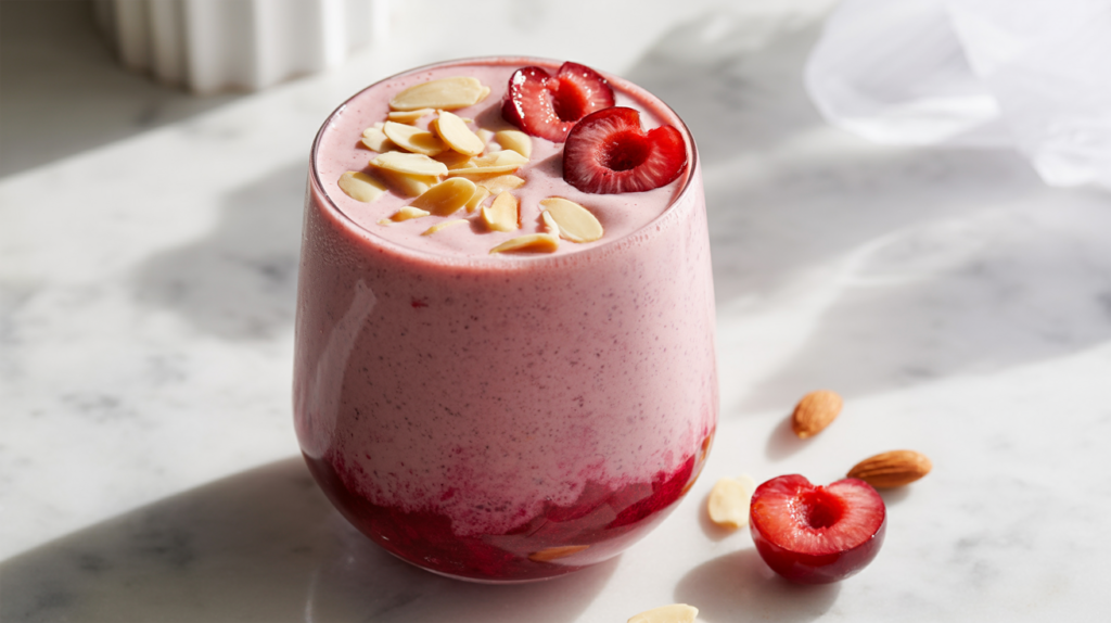 Cherry Almond Smoothie garnished with slivered almonds and frozen cherry halves for visual appeal and crunch.
