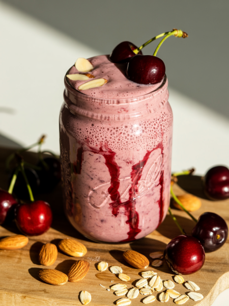 A vibrant food photography shot of a thick, creamy smoothie in a tall glass mason jar, showcasing rich pink and burgundy swirls from fresh cherries blended with creamy almond milk and oats. The smoothie has a luxurious, velvety texture with visible specks of ground almonds and a frothy top, garnished with fresh dark red cherries and sliced almonds on the rim. The glass sits on a rustic wooden cutting board surrounded by scattered whole almonds, fresh cherries with stems, and rolled oats, with soft natural morning light streaming from the left side. The scene conveys wholesome nutrition and artisanal breakfast appeal with warm, inviting tones and clean, minimalist styling.