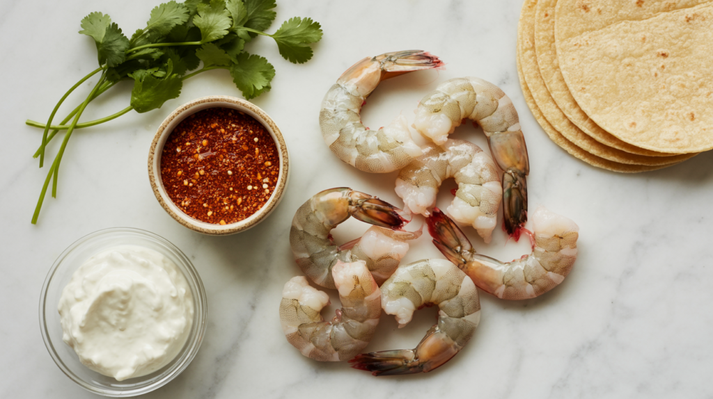 Key ingredients for Shrimp Tacos: raw jumbo shrimp, taco seasoning, Greek yogurt, fresh cilantro, and corn tortillas.