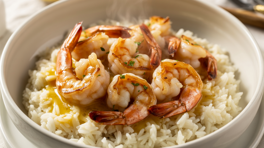 Garlic Butter Shrimp served classically over a bed of fluffy white rice to absorb the pan sauce.