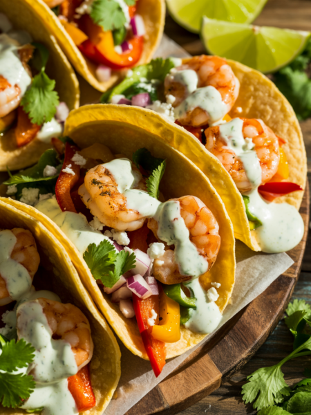 Sheet Pan Shrimp Tacos With Cilantro Cream Sauce