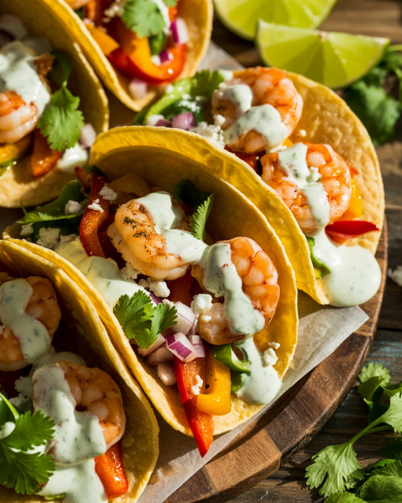 Sheet Pan Shrimp Tacos With Cilantro Cream Sauce