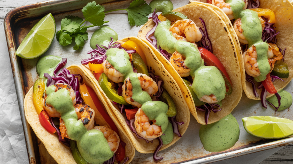 Sheet Pan Shrimp Tacos filled with charred shrimp, peppers, and drizzled with bright green Cilantro Cream Sauce.