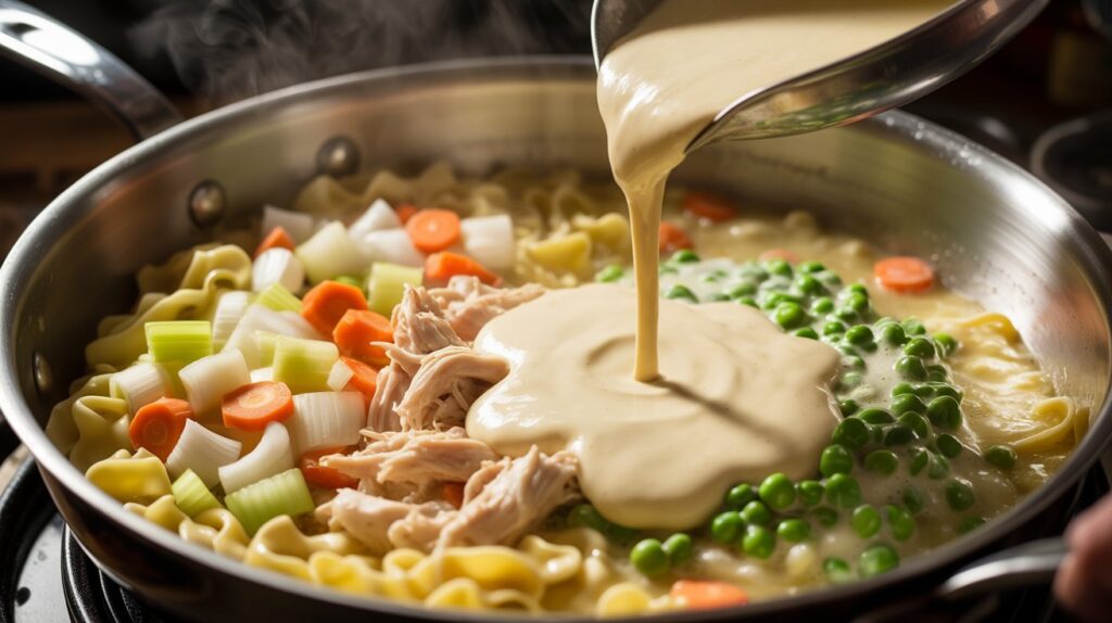 A realistic kitchen cooking action shot of vegetables sautéing in butter inside a large skillet. Onion, carrots, and celery sizzling while flour is whisked in to form a roux. Next frame shows creamy sauce being poured in with shredded chicken and peas added. Steam rising, thick velvety sauce coating noodles, warm cinematic lighting, dynamic close-up cooking process.