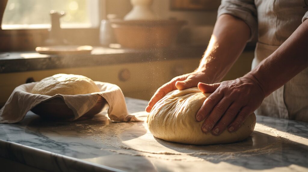 A realistic kitchen scene showing soft dough being kneaded by hand on a floured surface, followed by a bowl of dough covered and rising. Warm cozy lighting, close-up texture of elastic dough, flour dust in air, cinematic baking process photography, ultra-detailed and realistic.