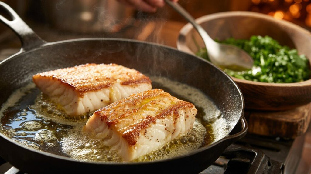 A realistic kitchen action shot of halibut fillets sizzling in a hot skillet with butter and olive oil, developing a golden crispy crust. In the background, a bowl of freshly chopped chimichurri being stirred with a spoon. Steam rising, close-up detail of searing fish texture, warm cinematic lighting, dynamic cooking process photography, highly appetizing and detailed.
