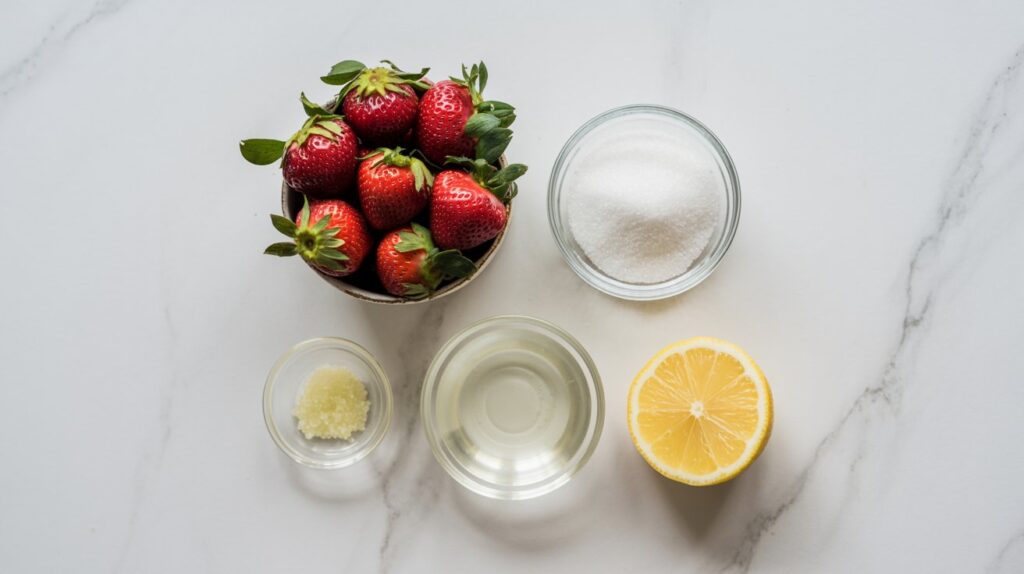 A clean top-down flat lay of strawberry sauce ingredients arranged neatly on a light marble surface. Fresh strawberries, granulated sugar, lemon, optional cornstarch, and water in small bowls. Bright natural lighting, soft shadows, minimal and fresh kitchen styling, vibrant red fruit tones, high-detail food photography.