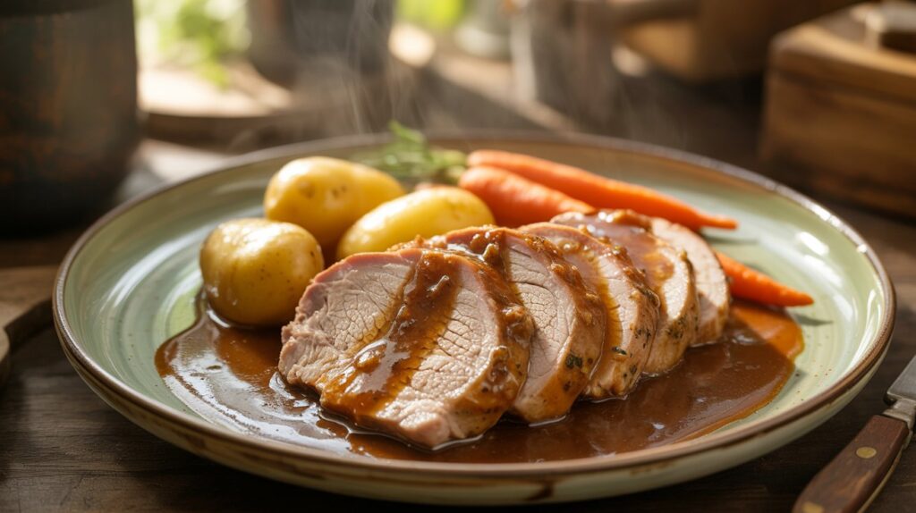A realistic food photography shot of sliced crock pot pork loin served on a rustic plate with gravy, potatoes, and carrots. The meat looks juicy and tender, slightly falling apart. Warm lighting, cozy kitchen vibe, shallow depth of field, high detail.