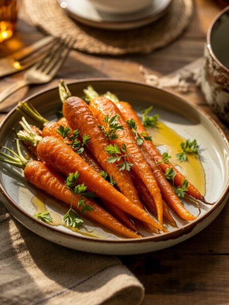 A realistic food photography shot of glossy honey-roasted baby carrots served on a rustic ceramic plate, caramelized edges, shiny honey-butter glaze, sprinkled with fresh parsley. Warm golden lighting, shallow depth of field, cozy dinner table setting, ultra-detailed gourmet side dish presentation.