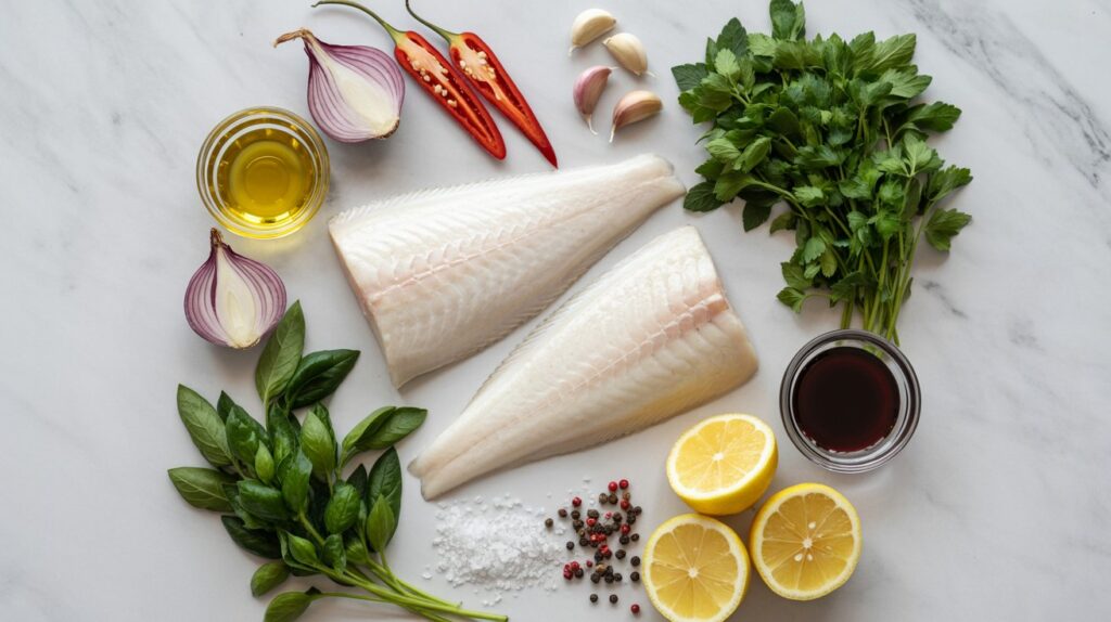 A top-down flat lay of halibut with chimichurri ingredients neatly arranged on a light marble kitchen surface. Raw halibut fillets, fresh parsley, oregano, garlic cloves, shallot, red chili, olive oil, red wine vinegar, lemon, salt, and pepper. Clean bright natural lighting, soft shadows, vibrant green herb contrast, highly detailed professional food styling photography.