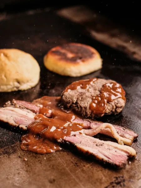 loco moco gravy recipe with hamburger patty, fried egg, and rice