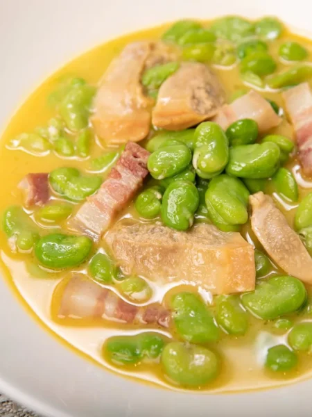 anasazi beans recipe in a shallow bowl with tender red-and-white beans in smoky broth and diced onion on top