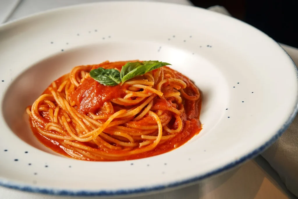 authentic italian pasta sauce recipe with crushed san marzano tomatoes, olive oil, and fresh basil in a pot