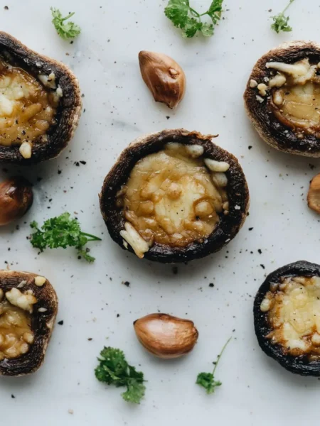 baked garlic parmesan mushrooms with golden crispy cheese tops and fresh parsley on a dark tray