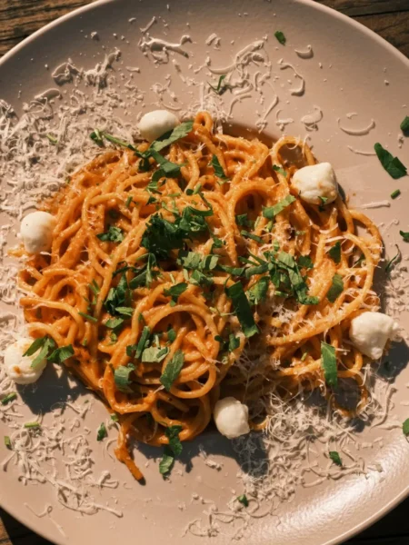 baked ziti recipe for family dinner with tubular pasta, red marinara sauce, and browned mozzarella cheese in a glass dish