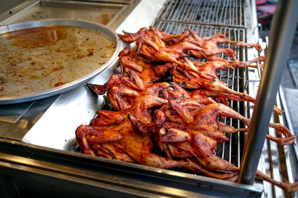 bbq chicken thighs with sticky red glaze and crisp skin on a grill rack