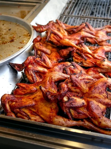 bbq chicken thighs with sticky red glaze and crisp skin on a grill rack
