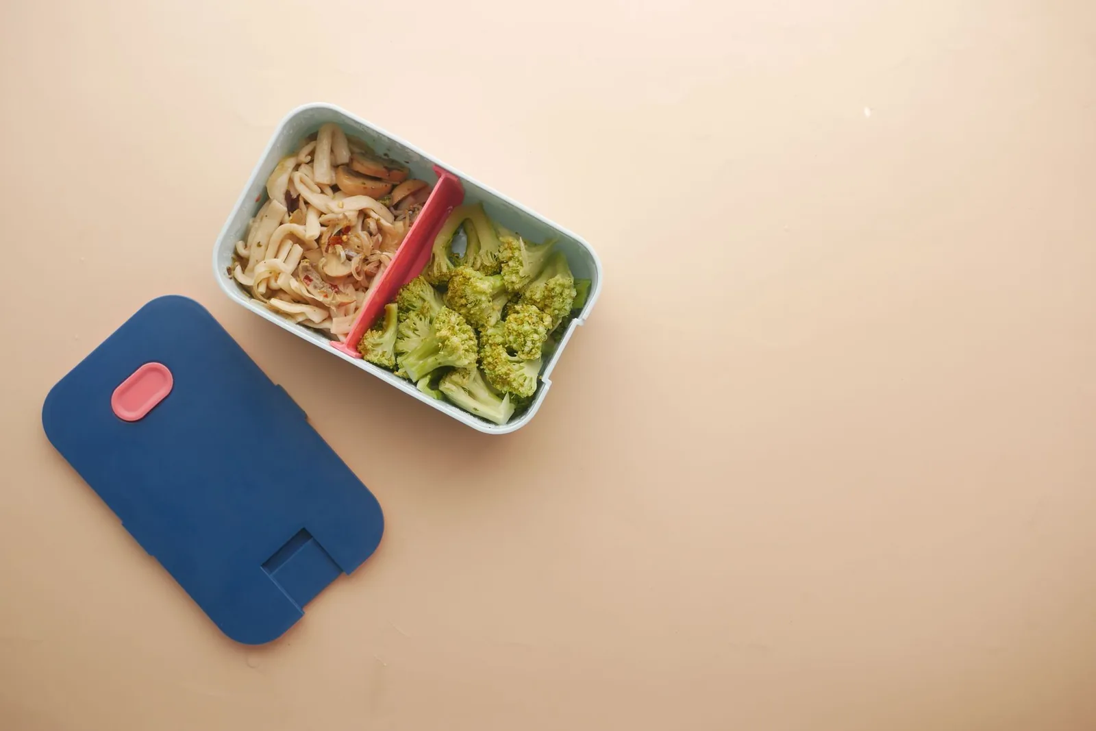 divided adult bento with rice tofu broccoli eggs and hummus cup