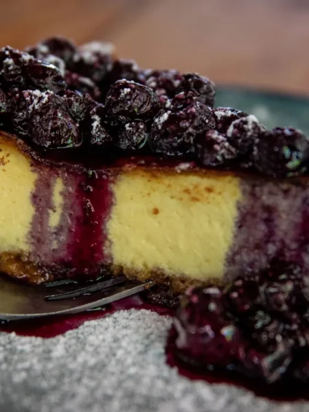 blueberry cheesecake dessert with a buttery biscuit base, creamy vanilla filling, and glossy fresh blueberry topping on a white plate