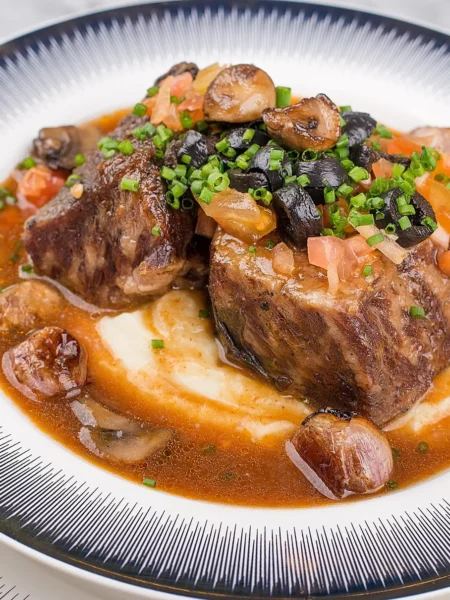 braised short ribs recipe with fall-apart beef ribs in a dark red wine gravy served in a Dutch oven