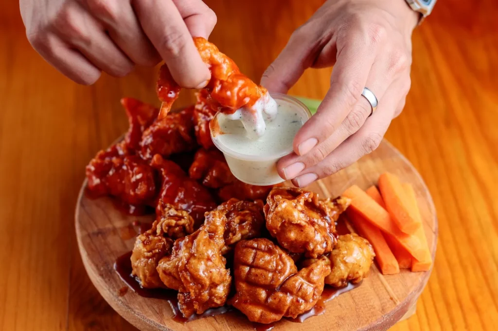 Buffalo Tempeh Wings Bleu Cheese Dip
