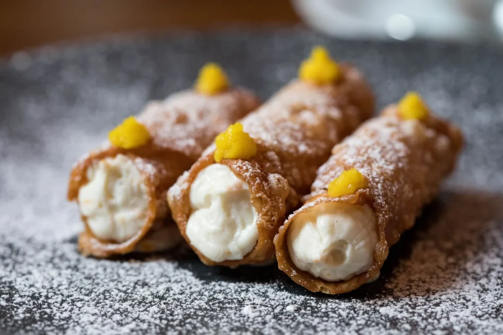 cannoli cream cake roll with ricotta filling and chocolate chips on a sliced plate