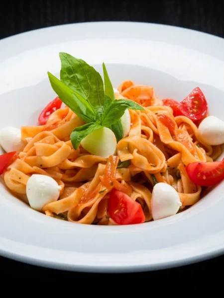 caprese pasta salad with sausage in a bowl with cherry tomatoes, mozzarella pearls, basil, and browned sausage slices