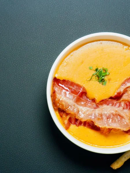 cheesy bacon cauliflower soup in a white bowl with crispy bacon bits, melted cheddar, and chives on top