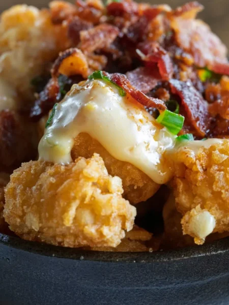 cheesy cauliflower tater tots recipe with golden crispy baked tots and melted cheddar on a parchment tray