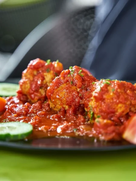 cheesy enchilada meatballs recipe with beef meatballs in red sauce and melted cheddar baked in a dish