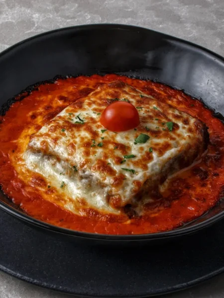 chicken alfredo lasagna with golden mozzarella top, creamy parmesan sauce, and tender chicken cubes in a baked dish