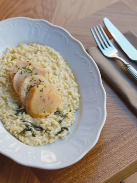 chicken and leek risotto in a wide pan with tender chicken pieces, soft green leeks, and creamy arborio rice topped with parmesan