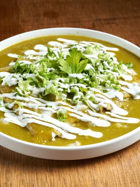 chicken enchiladas recipe with green sauce showing rolled corn tortillas in tangy salsa verde topped with melted cheese