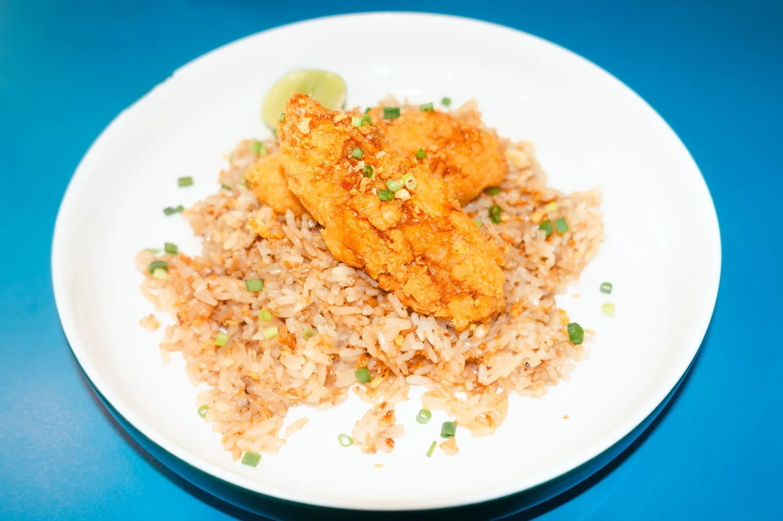 plate of chicken fried rice with chicken peas carrots and egg