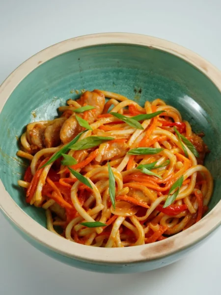 chicken goulash recipe with tender thigh pieces in red paprika tomato sauce over egg noodles in a shallow bowl