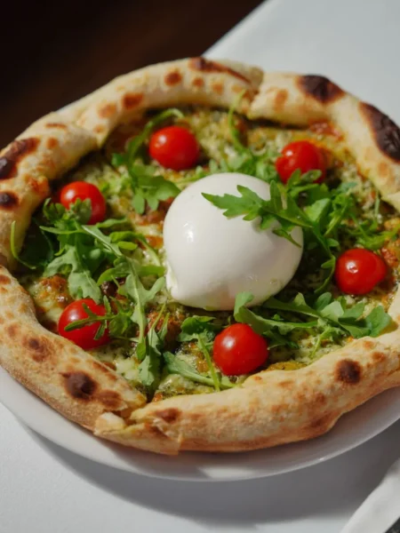 chicken milanese with burrata showing golden breaded chicken cutlets topped with torn creamy burrata and arugula on a white plate