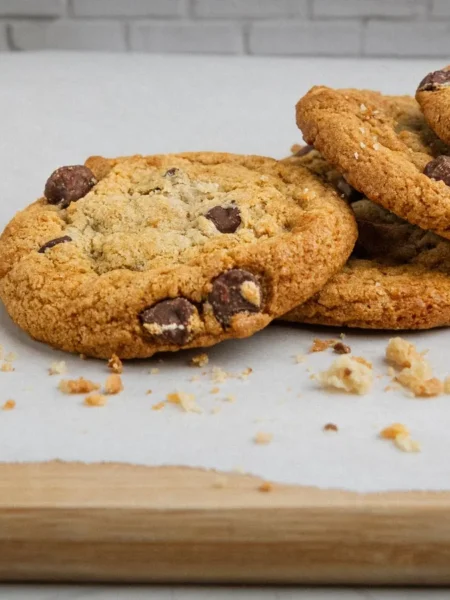 chocolate chip cookie bars recipe for a crowd shown as a sheet of soft chewy bars with melted chocolate chips on parchment