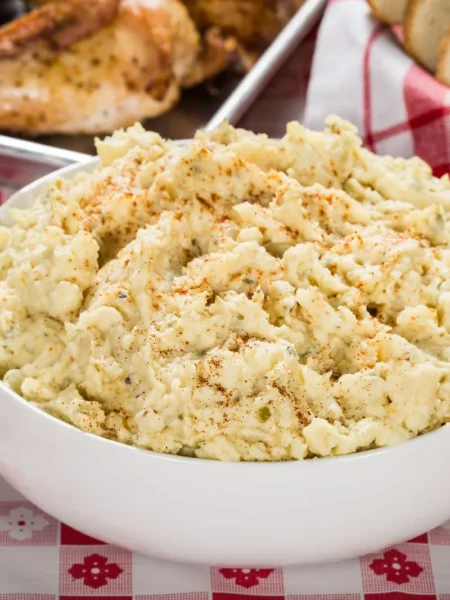 classic potato salad recipe with yellow potato cubes, chopped eggs, celery, and creamy mayo dressing in a white bowl
