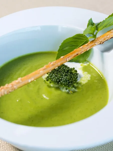 creamy broccoli soup recipe in a white bowl with bright green blended broccoli and a swirl of cream on top
