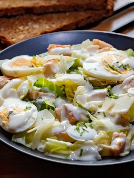 creamy egg salad recipe with chopped eggs, celery, and chives in a white bowl on marble