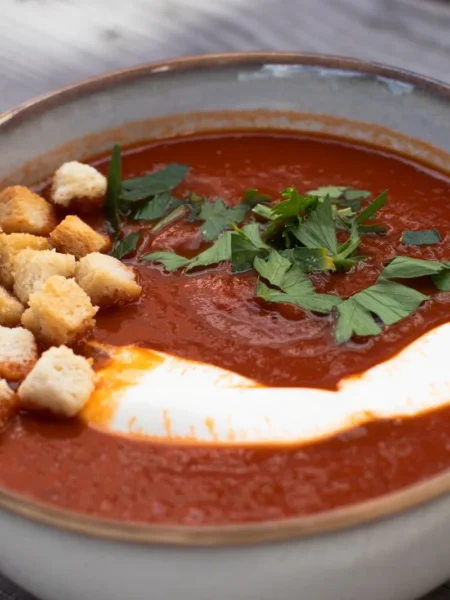Creamy Heirloom Tomato Soup With Garlic Croutons