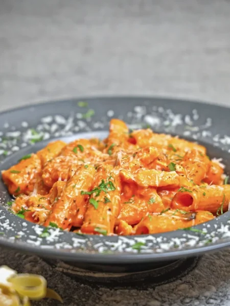 creamy mushroom pasta with rigatoni in a silky parmesan sauce and browned cremini mushrooms topped with parsley