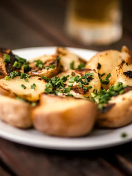 crispy smashed potatoes with whipped herb ricotta topped with chives and lemon on a dark slate board