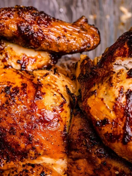 greek roasted whole chicken with golden crispy skin, lemon halves, garlic, and rosemary on a roasting pan