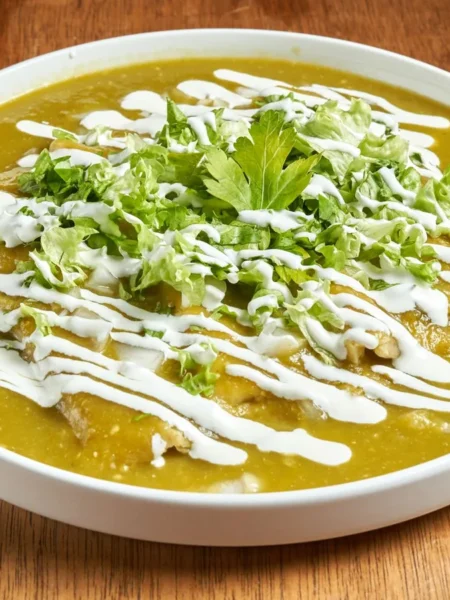green chicken enchiladas recipe with salsa verde, melted jack cheese, and cilantro in a baking dish