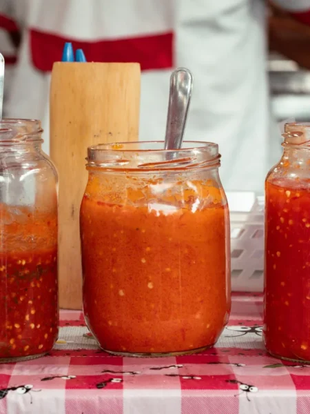 homemade condiments recipe with three glass jars of chili crisp, green herb oil, and pink pickled shallots on a wooden board
