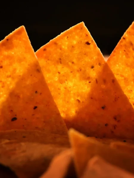 homemade tortilla chips recipe baked as golden corn triangles on a wire rack with lime wedge